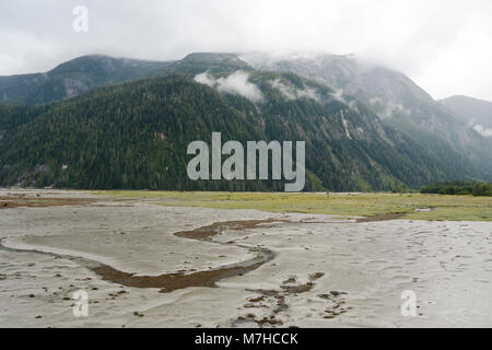 Low tide and tidal flats at the head of the Portland Canal separating Canada and the United States, at Hyder, Alaska and Stewart, British Columbia. Stock Photo