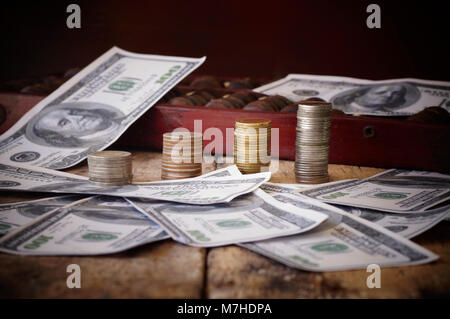 skull on bank note and coin, money, concept in work for money and death because of money Stock Photo