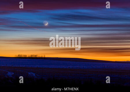 Crescent moon in colorful twilight and sunset clouds, Alberta, Canada. Stock Photo