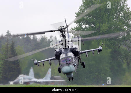 Ka-52 Alligator attack helicopter of Russian Air Force taking off. Stock Photo