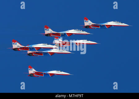 MiG-29UB jet fighters of the Russian Swifts aerobatic team Stock Photo ...