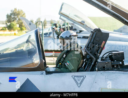 Pilot performs flight checks in an Italian Air Force F-2000A Typhoon. Stock Photo