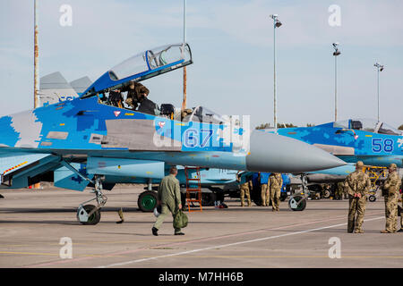 Two Ukrainian Air Force Su-27 Flankers, Hradec Kralove, Czech Republic. Stock Photo