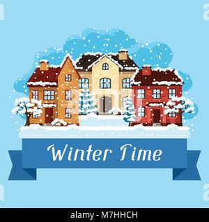 Winter urban landscape card with houses and trees Stock Vector