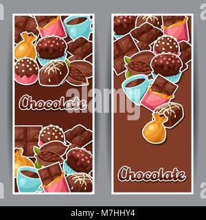 Chocolate vertical banners with various tasty sweets and candies Stock Vector