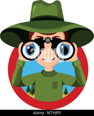 Park ranger looking through binocular and keep an eye on everything on guard. Vector illustration Stock Vector