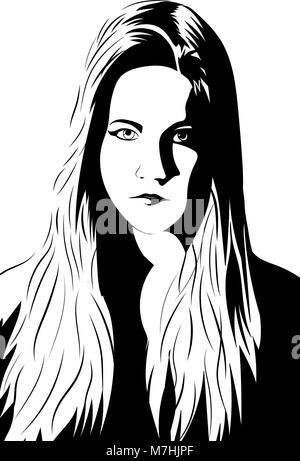 Vector shadow portrait of a young woman with long hair in black and white Stock Vector