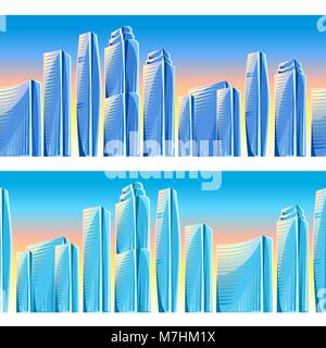 City skyscrapers seamless borders in blue colors. Cityscape conceptual illustrations for construction and tourism business. Image can be used on advertising booklets, banners, presentations Stock Vector