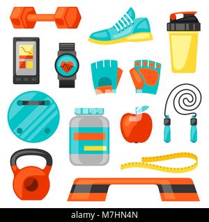 Sports and healthy lifestyle fitness icons set. Image can be used on advertising booklets, banners, flayers Stock Vector