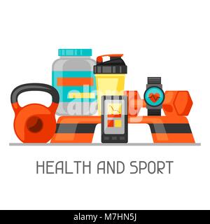 Sports and healthy lifestyle background with fitness icons. Image can be used on advertising booklets, banners, flayers Stock Vector