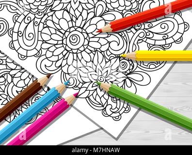 Adult coloring concept with pencils, printed pattern. Illustration of trend item to relieve stress and creativity Stock Vector