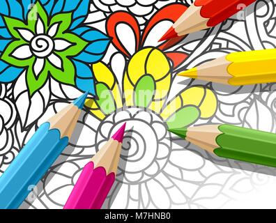 Adult coloring concept with pencils, printed pattern. Illustration of trend item to relieve stress and creativity Stock Vector