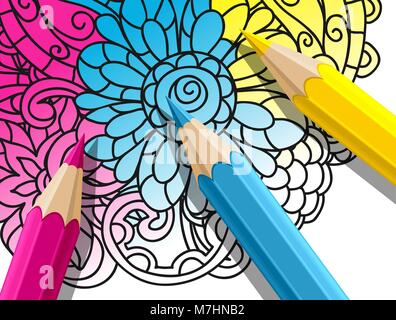 Adult coloring concept with pencils, printed pattern. Illustration of trend item to relieve stress and creativity Stock Vector