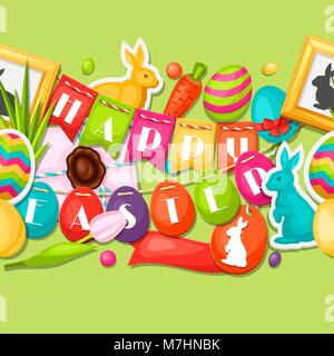 Happy Easter seamless pattern with decorative objects, eggs, bunnies stickers. Background can be used for holiday prints, textiles and greeting cards Stock Vector