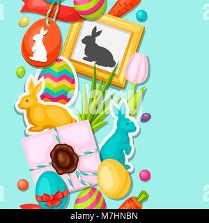 Happy Easter seamless pattern with decorative objects, eggs, bunnies stickers. Background can be used for holiday prints, textiles and greeting cards Stock Vector