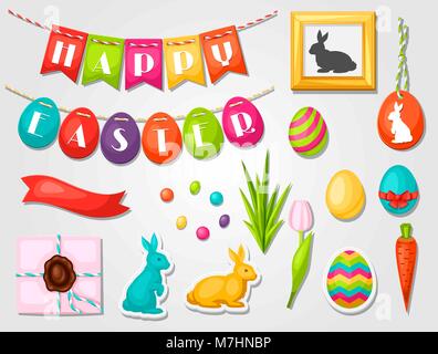 Happy Easter objects, decorations. Can be used for holiday invitations and posters Stock Vector