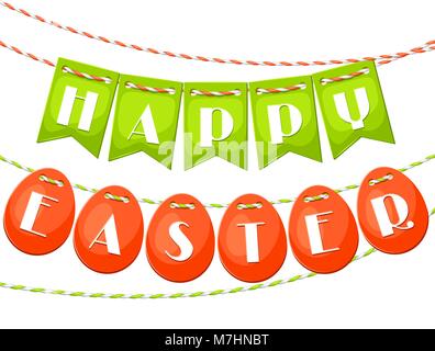 Happy Easter greeting card with garland of flags and eggs. Concept can be used for holiday invitations, posters Stock Vector