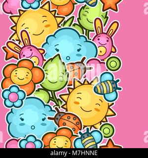 Seamless kawaii child pattern with cute doodles. Spring collection of cheerful cartoon characters sun, cloud, flower, leaf, beetles and decorative objects Stock Vector