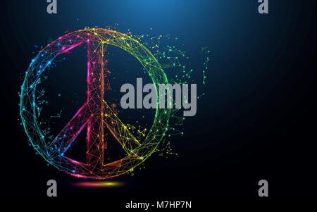 Abstract peace symbol form lines and triangles, point connecting network on blue background. Illustration vector Stock Vector