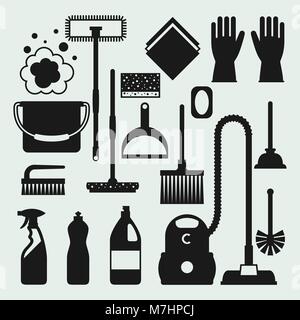 Housekeeping cleaning icons set. Image can be used on banners, web sites, designs Stock Vector