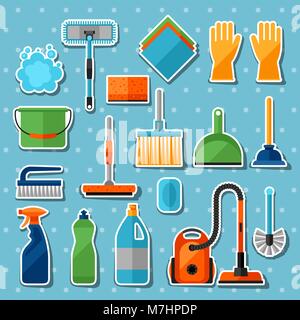 Housekeeping cleaning sticker icons set. Image can be used on banners, web sites, designs Stock Vector