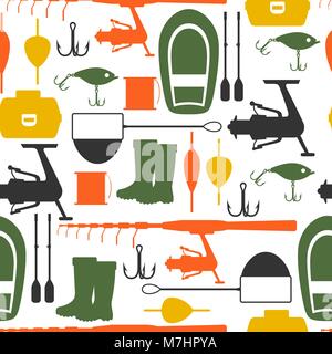 Seamless pattern with fishing supplies. Background made without clipping mask. Easy to use for backdrop, textile, wrapping paper Stock Vector