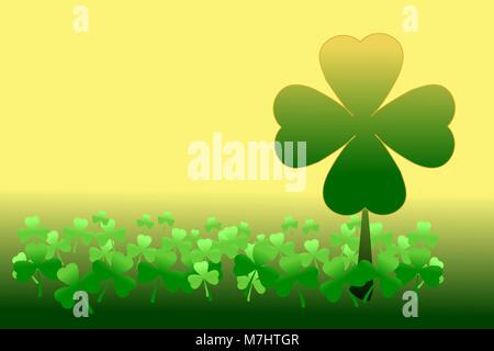 Happy Saint Patrick's day. Pattern of shamrocks, 4-leaf clover among 3-leaf clovers on gold and green gradient background. Vector illustration. Stock Vector