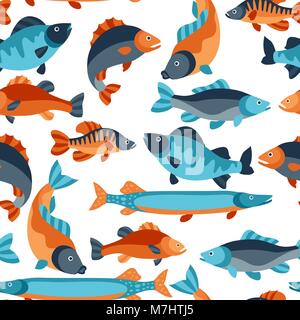 Seamless pattern with various fish. Background made without clipping mask. Easy to use for backdrop, textile, wrapping paper Stock Vector