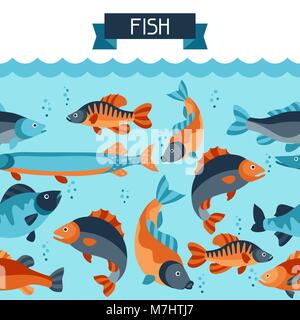 Seamless pattern with various fish. Background made without clipping mask. Easy to use for backdrop, textile, wrapping paper Stock Vector
