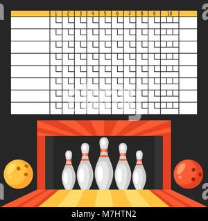 Bowling score sheet. Blank template scoreboard with game objects Stock Vector