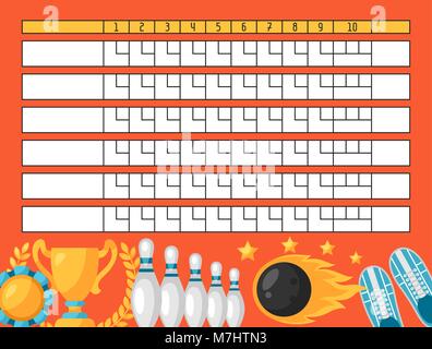 Bowling score sheet. Blank template scoreboard with game objects Stock Vector