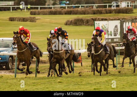 Hereford, Herefordshire, UK. 10th March, 2018. Lord bryan leads the pack during the 3:25pm race at Hereford racecourse during Ladies Day in Hereford on 10th March 2018. Credit: Jim Wood/Alamy Live News Stock Photo