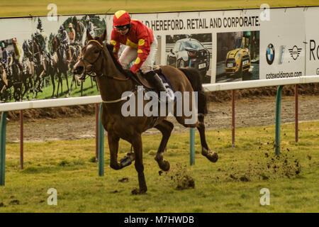 Hereford, Herefordshire, UK. 10th March, 2018. Lord Bryan wins the 3:25pm race at Hereford racecourse during Ladies Day in Hereford on 10th March 2018. Credit: Jim Wood/Alamy Live News Stock Photo