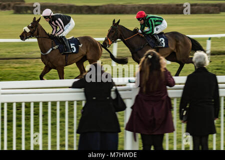 Hereford, Herefordshire, UK. 10th March, 2018. Applesolutely tries to keep infront of Just Your Type in the 4:00pm race at Hereford racecourse during Ladies Day in Hereford on 10th March 2018. Credit: Jim Wood/Alamy Live News Stock Photo