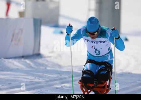Pyeongchang, South Korea. 11th Mar, 2018. Sergey Ussoltsev from Kazakhstan (rank 15) seen during the Cross-Country Skiing Men's 15km Sitting.The Pyeongchang Paralympics 2018 Games will be held from March 09 until March 18 2018 in Pyeongchang. Credit: Ilona Berezowska/SOPA Images/ZUMA Wire/Alamy Live News Stock Photo