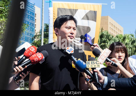 Taipei, Taiwan. 11th Mar, 2018. Huang Kuo-Chang chairperson of the New Power Party giving an Interview during the demonstration.Hundreds of protesters staged an Anti-Nuclear rally in Taiwan to demand the island's government honor its promise to end the use of atomic energy by 2025. Credit: Jose Lopes Amaral/SOPA Images/ZUMA Wire/Alamy Live News Stock Photo
