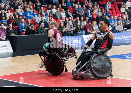 Leicester, UK, 11th March, 2018. Wheelchair Rugby Quad Nations: GBR vs JPN at Leicester Arena   Day three GBR loses with a score of 41 vs 45 to Japan.   Japan's Yukionbu Ike (21) takes out GBR's Nicholas Cummins (08) during the game. (c) pmgimaging /Alamy Live News Stock Photo