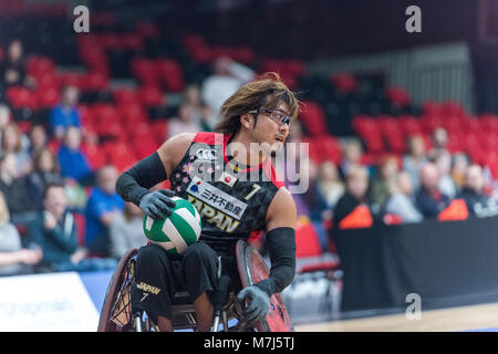 Leicester, UK, 11th March, 2018. Wheelchair Rugby Quad Nations: GBR vs JPN at Leicester Arena   Day three GBR loses with a score of 41 vs 45 to Japan.   Japan's Daisuke Ikezaki (07) makes the Try. (c) pmgimaging /Alamy Live News Stock Photo