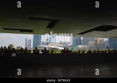 The Guangzhou Opera House and city scape viewed from under the Guangdong Museum in Guangzhou, Guangdong province, People's Republic of China. Stock Photo