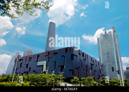 Looking like a massive cube puzzle, the Guangdong Museum sits next to the Guangzhou Opera House in Guangzhou, Guangdong province, People's Republic of Stock Photo