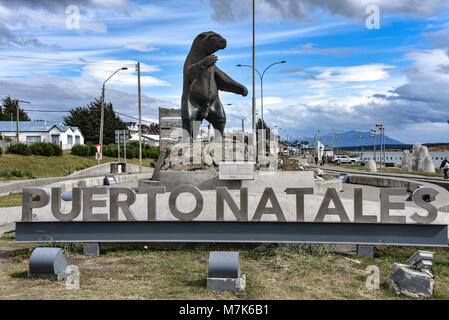 A Milodon statue welcomes visitors to the town of Puerto Natales, Chile Stock Photo