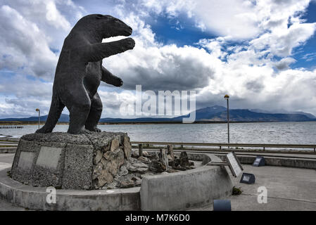 A Milodon statue welcomes visitors to the town of Puerto Natales, Chile Stock Photo