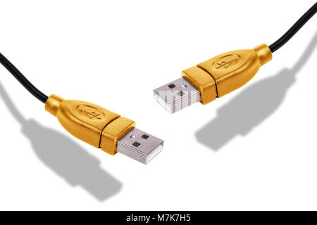Golden USB Cable isolated at white background with shadow Stock Photo