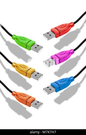 Colorful USB cables isolated at white background with shadow Stock Photo
