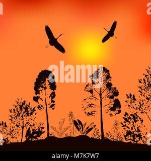 Vector illustration of wildlife. The background from the evening sky, trees and flying birds. Stock Vector