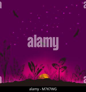 Vector illustration of wildlife. The background from the evening sky, trees and flying birds. Stock Vector