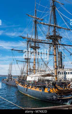 SAN DIEGO, CALIFORNIA, USA - HMS Surprise Replica British Frigate and maritime museum, and B-39 Soviet Submarine docked in San Diego Harbor. Stock Photo