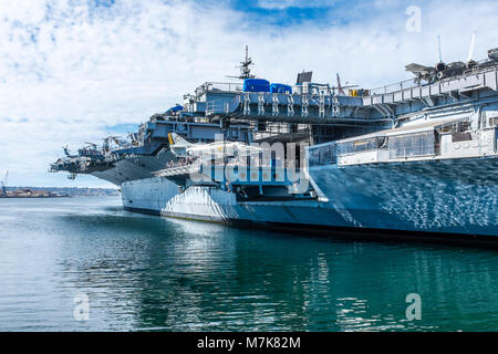 SAN DIEGO, CALIFORNIA, USA - USS Midway Aircraft Carrier and maritime museum berthed on the waterfront in downtown San Diego on Harbor Drive. Stock Photo