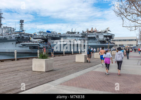 SAN DIEGO, CALIFORNIA, USA - USS Midway Aircraft Carrier and maritime museum berthed on the waterfront in downtown San Diego on Harbor Drive. Stock Photo