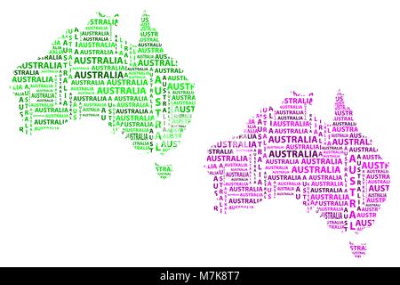 Sketch Australia letter text continent, Australia word - in the shape of the continent, Map of continent Australia - green and purple vector illustrat Stock Vector